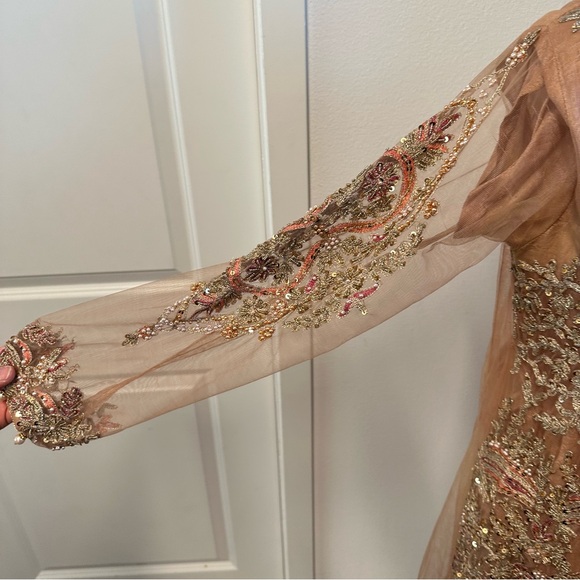 Peach Tan Embroidered 3-Piece Salwar Kameez with Net Dupatta - Picture 4 of 13